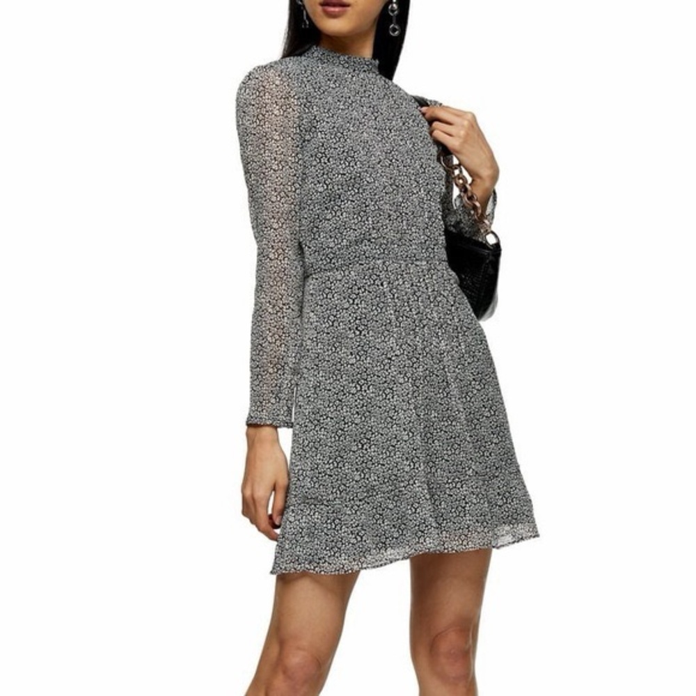 Topshop Chiffon Pleated Long Sleeve Mini Leopard Print Dress,‎ SZ 6 NWT